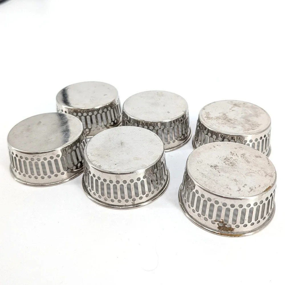 Vintage Silver Tone Metal Pierced Glass Holders Coasters Nuts Set of 6 3 Inch